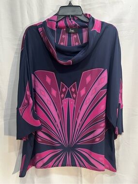 Averardo Bessi Italy Tunic 100% Silk Navy Magenta Cowl Neck Size 2X